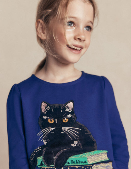 Puff Sleeve Appliqué T-shirt-Bright Blue Cat