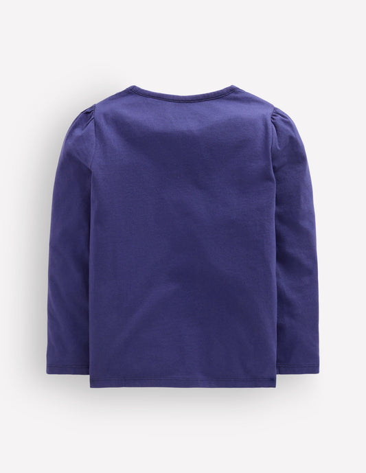 Puff Sleeve Appliqué T-shirt-College Navy Horses