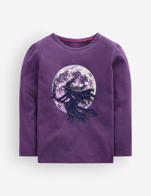 Puff Sleeve Appliqué T-shirt-Mystic Purple Witches