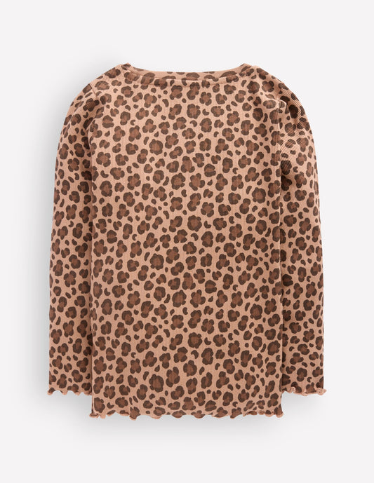 Ribbed Long Sleeve T-Shirt-Milk Chocolate Brown leopard