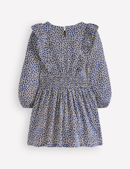 Suki Shirred Jersey Dress-Blue Leopard