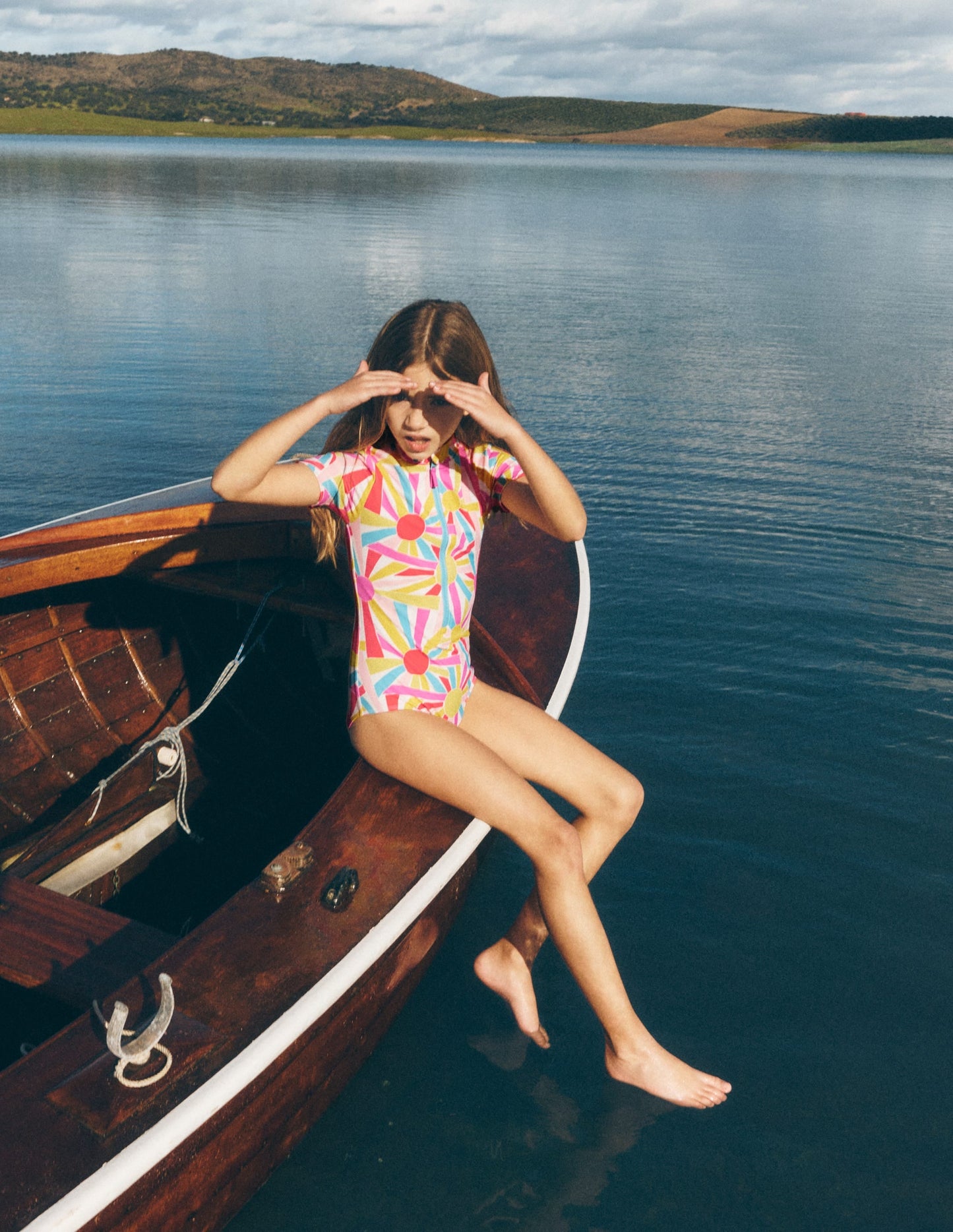 Short-sleeved Swimsuit-Ivory Sunburst