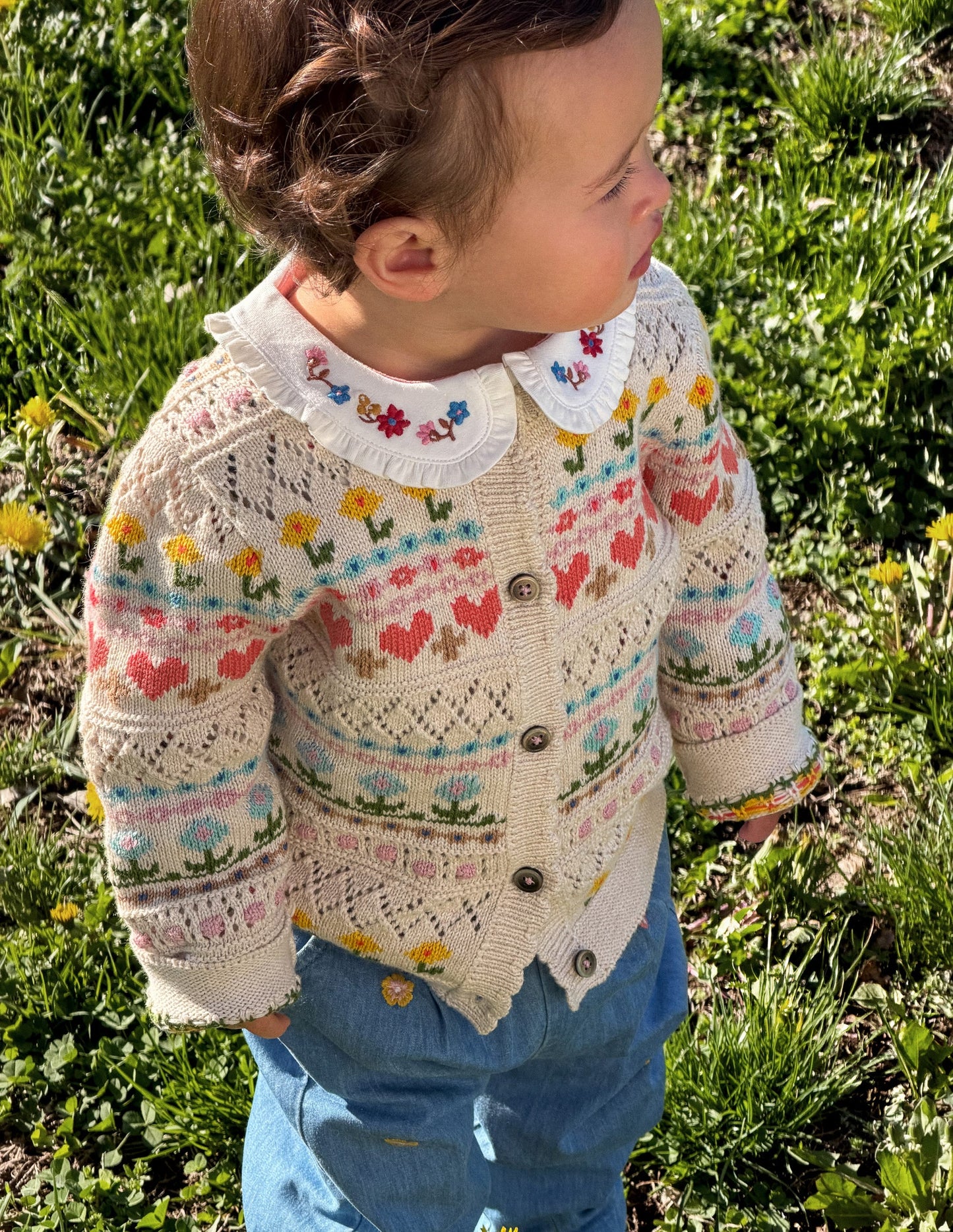 Cotton Fair Isle Cardigan-Oatmeal Marl Multi Flowers