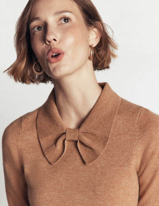 Bow Neck Knitted Jumper-Camel Melange
