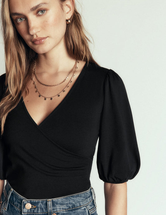 Tia Ruched Wrap Top-Black