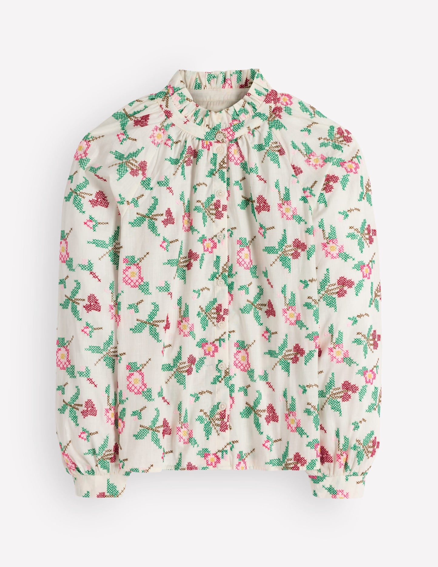 Erica Cotton Frill Top-White Cross Stitch Floral