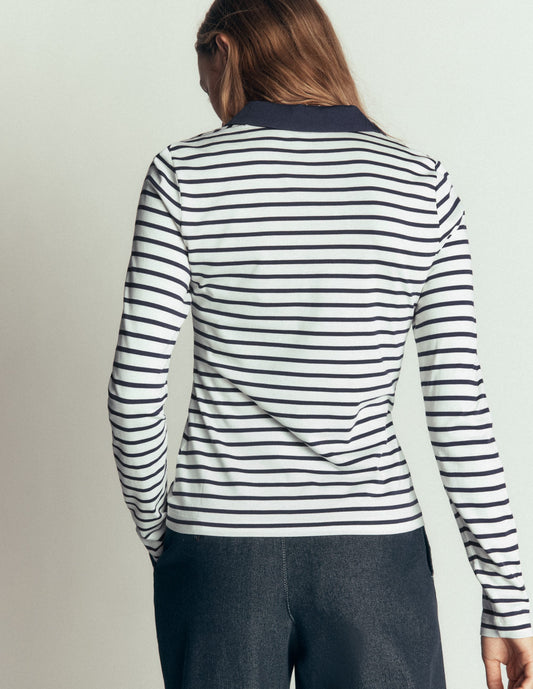 Supersoft Open Collar Shirt-Ivory/ Navy Stripe