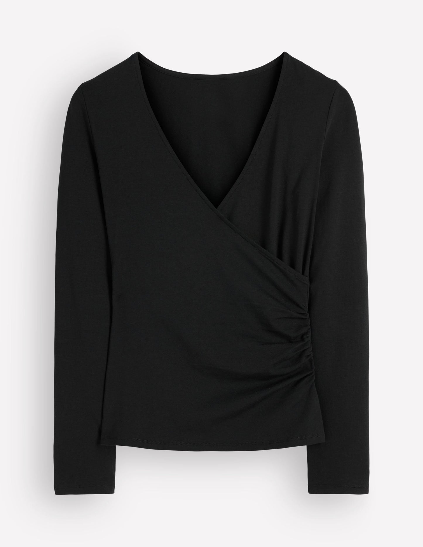Ruched Long Sleeve Wrap Top-Black