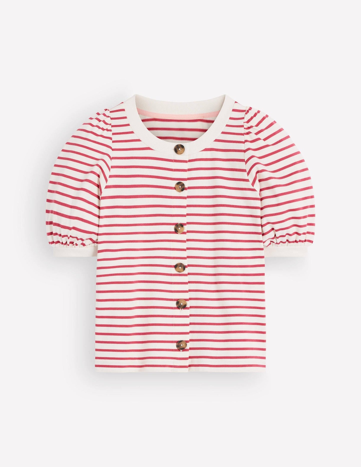Button-through Puff Sleeve Top-Ivory and Hollyberry Stripe