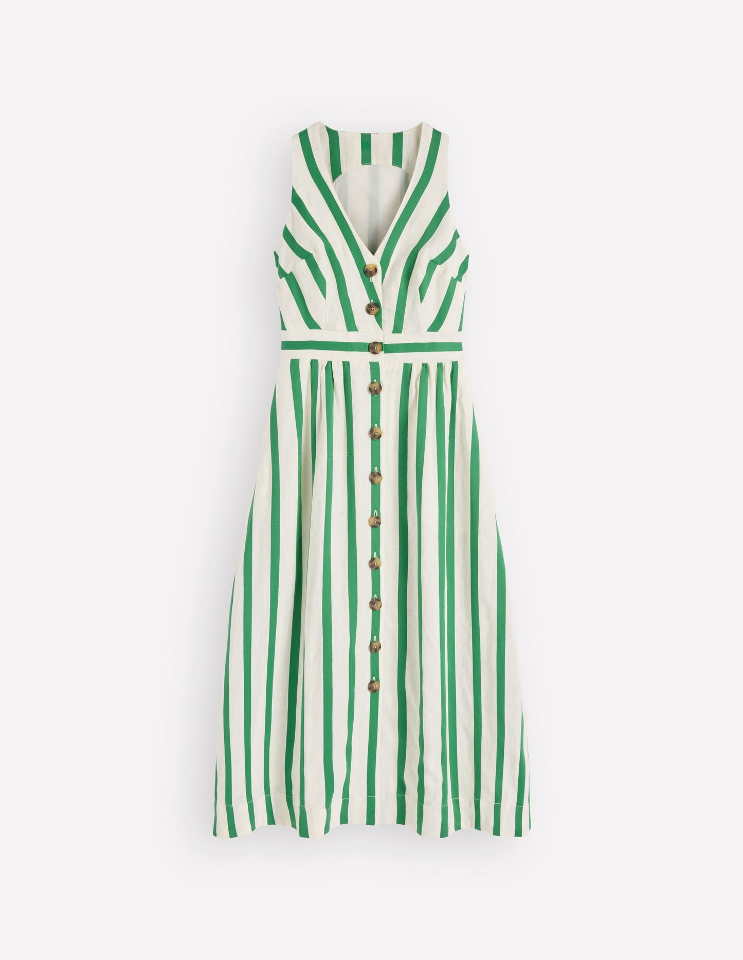 Catherine Button Linen Dress-Ivory and Green Satin Stripe