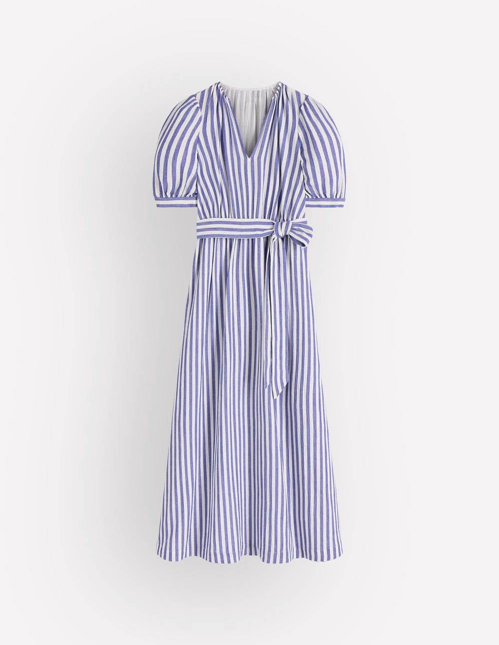 Double Cloth Puff Sleeve Dress-Blue Ivory Stripe