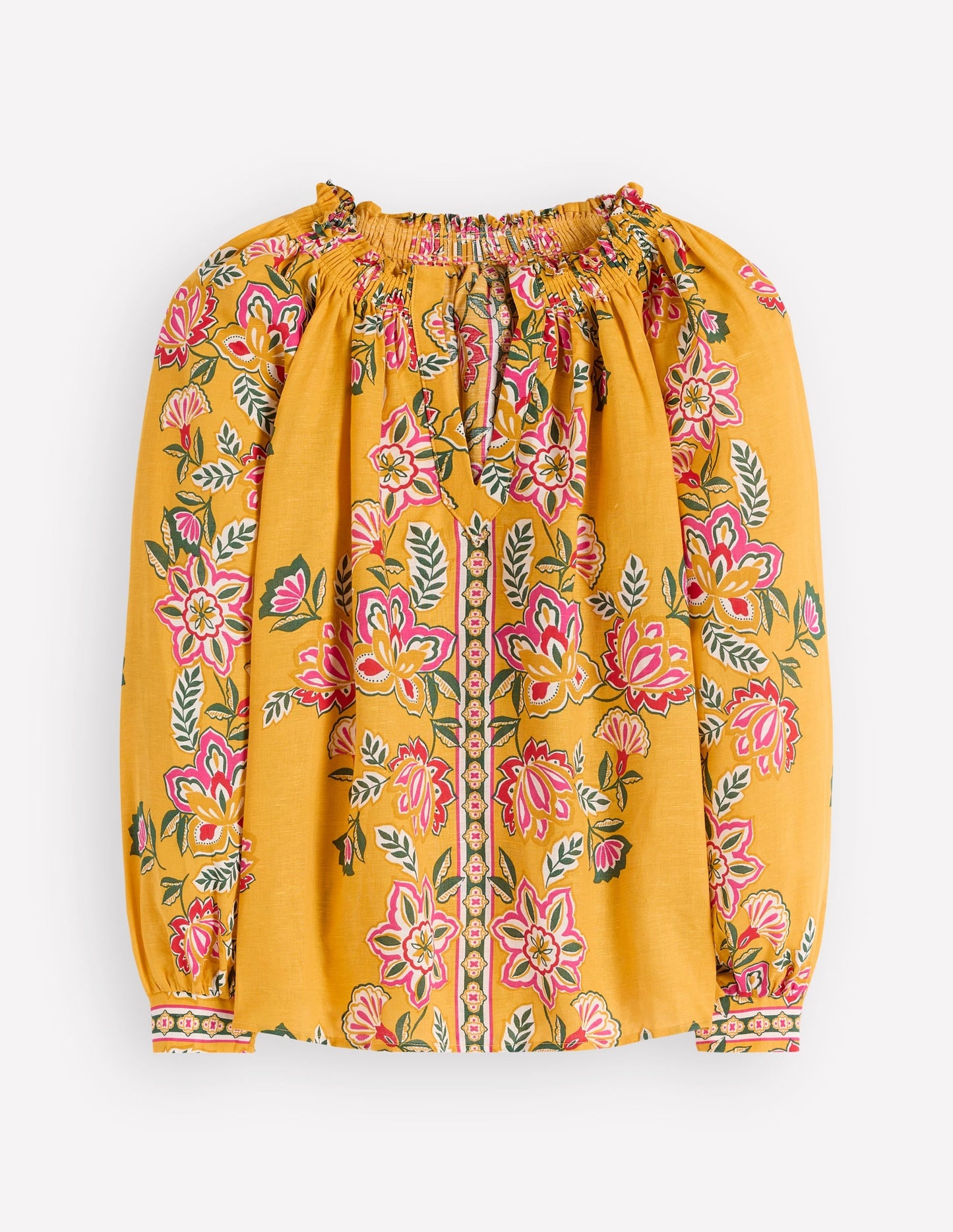Serena Pleat Neck Linen Top-Marigold, Blossom Elegance