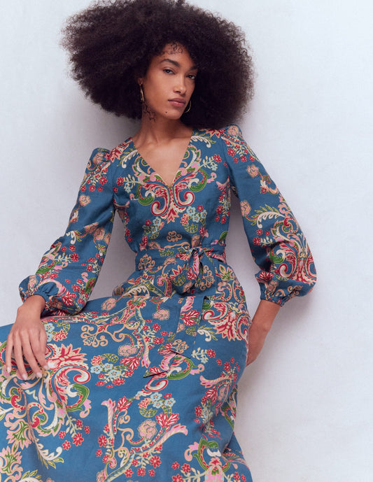 Florence Linen Blend Dress-Blue, Enchanting Bouquet