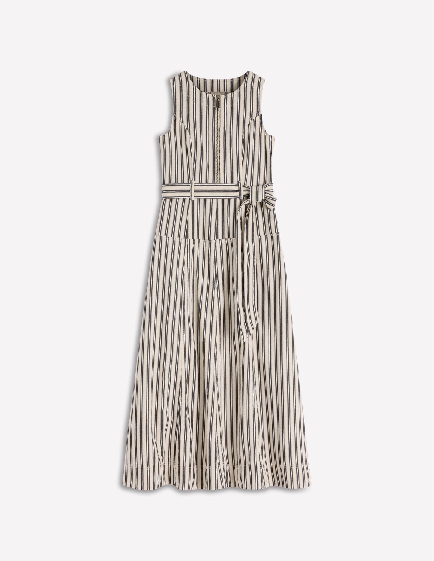 Sleeveless Zip Denim Dress-Ivory and Navy Stripe
