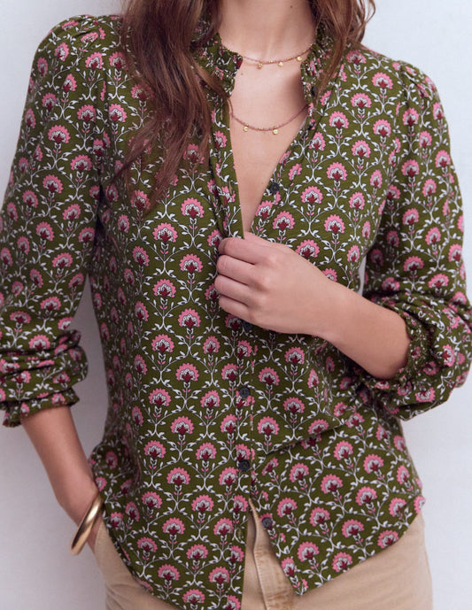 Effie Smocked Detail Shirt-Mayfly, Flower Lattice