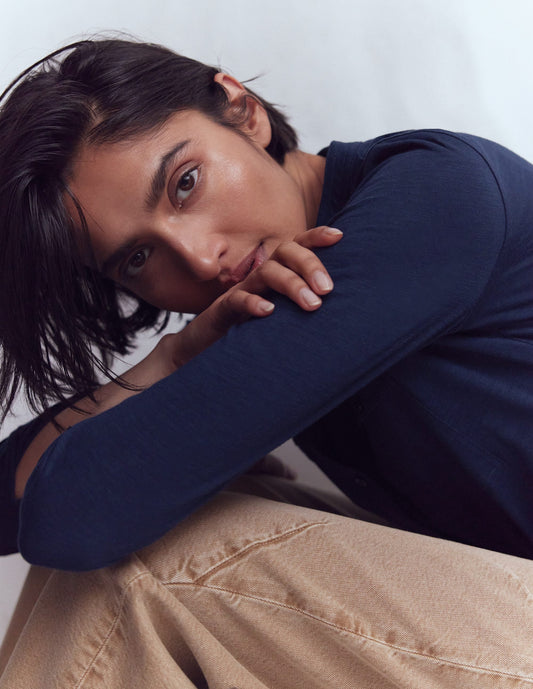 Topstitched Pocket Shirt-Navy