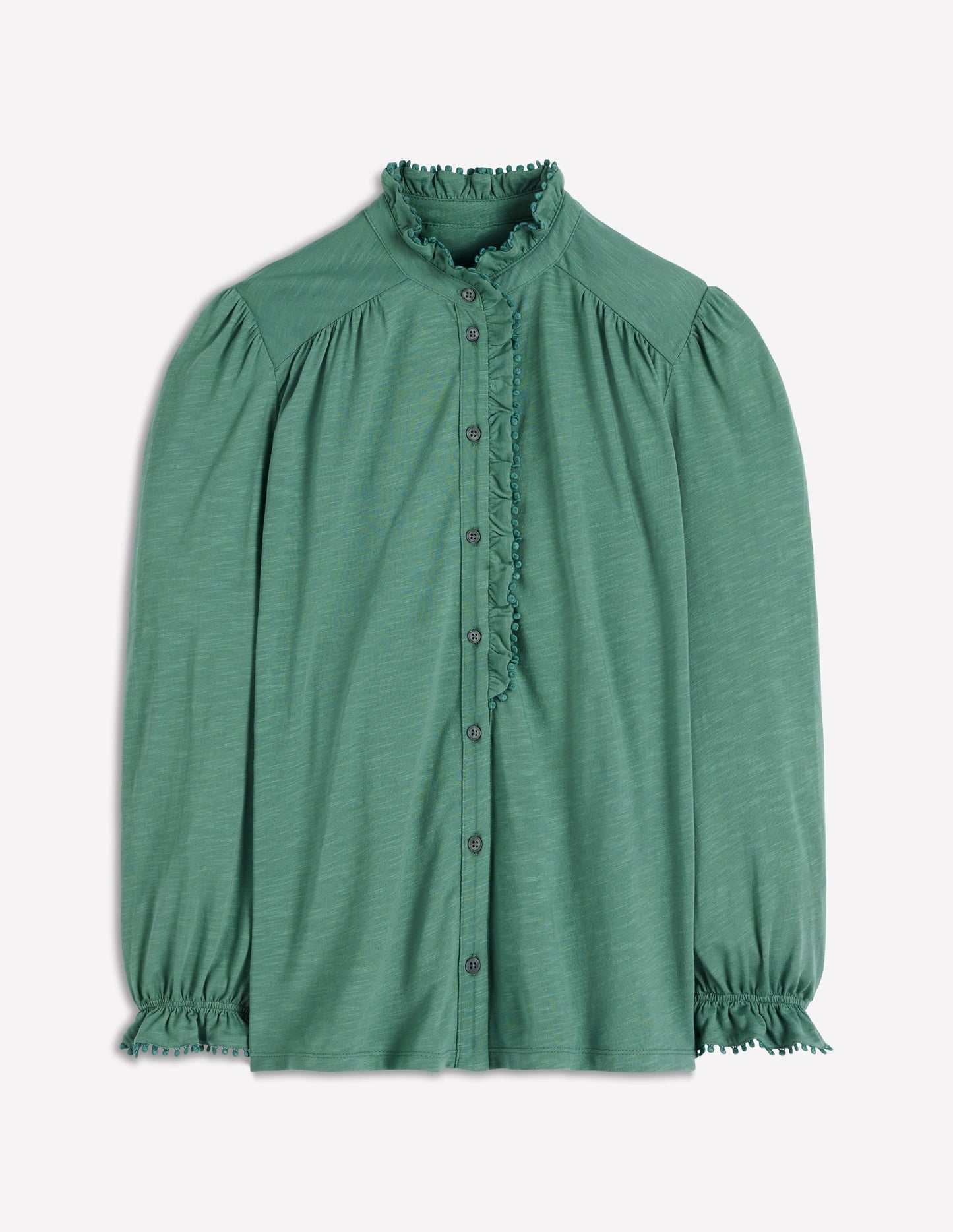 Emily Pom Trim Ruffle Shirt-Deep Jungle