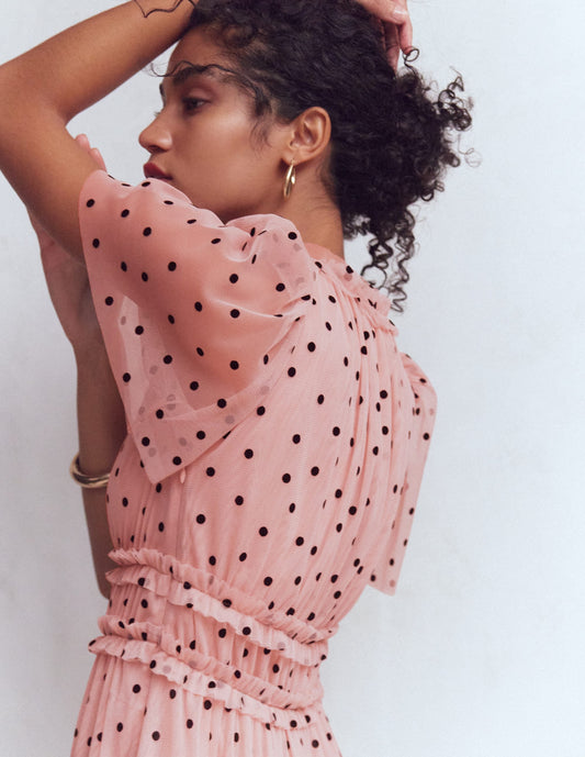 V-neck Ruffle Tulle Dress-Ivory Black Spot