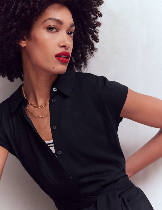Marcia Jersey Shirt Dress-Navy