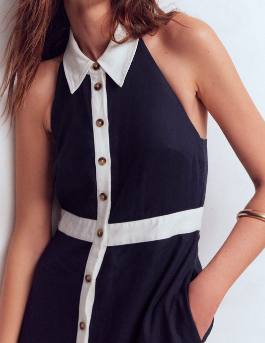 Halter Linen Blend Maxi Dress-Navy Ivory