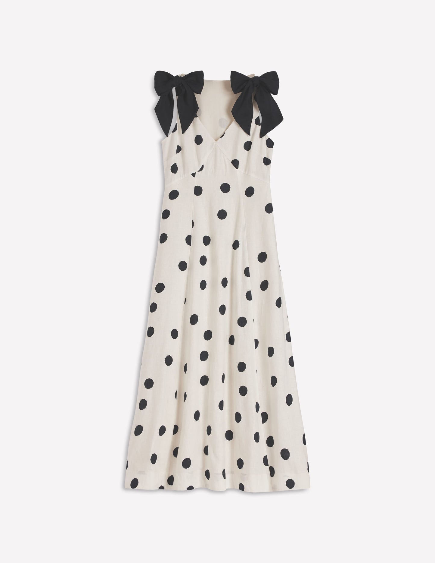 Bow Detail Linen Empire Dress-Ivory Painted Dot Spaced