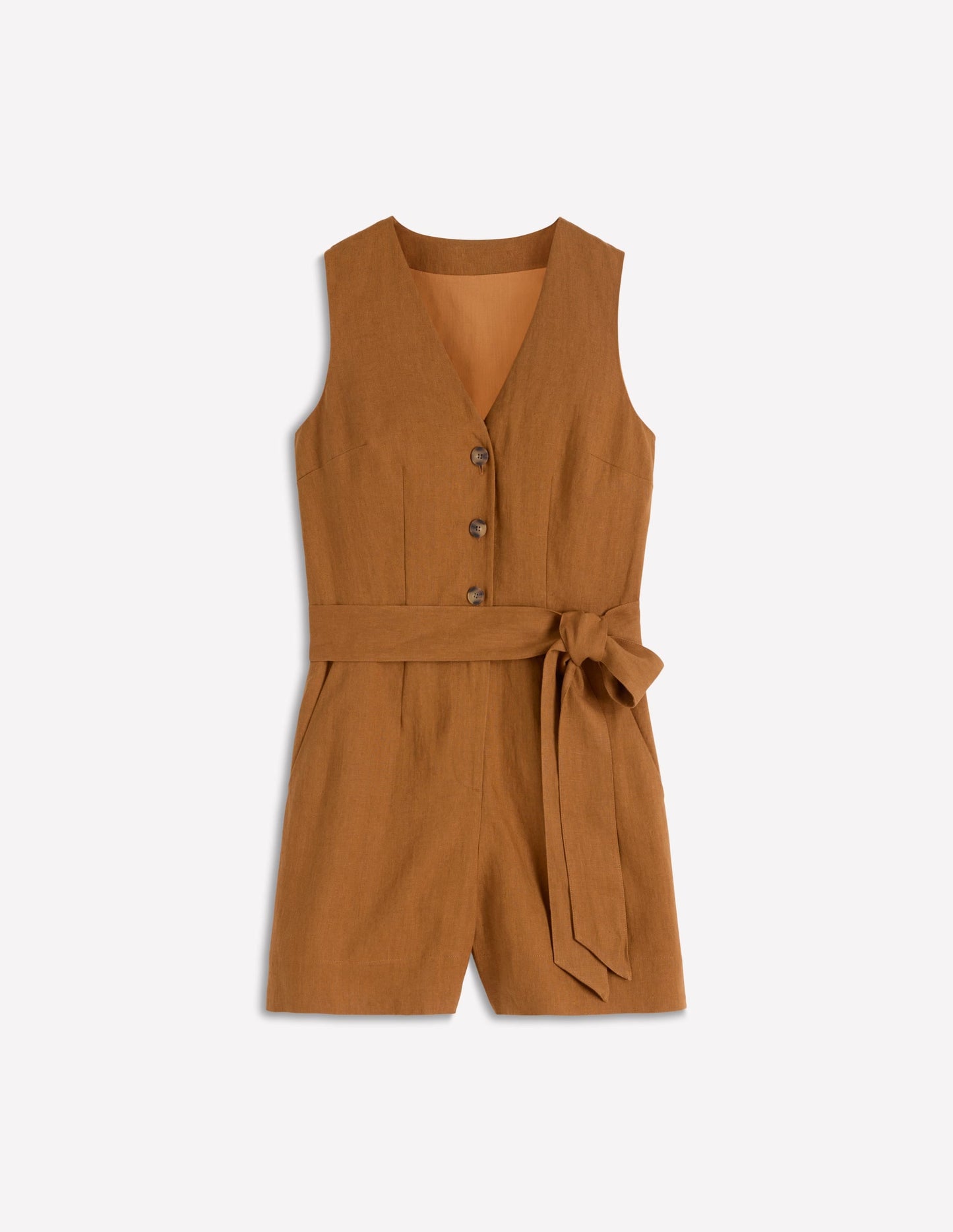 Laura V-neck Linen Playsuit-Gingerbread