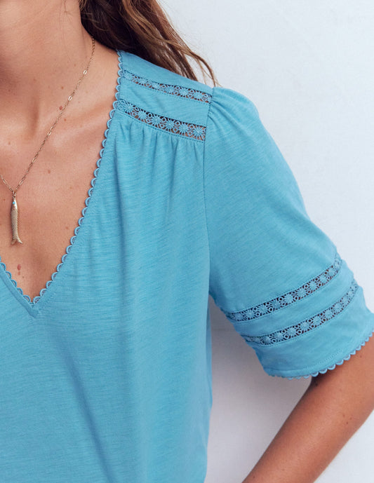 Poppy Trim V Neck T-Shirt-Duck Egg Blue