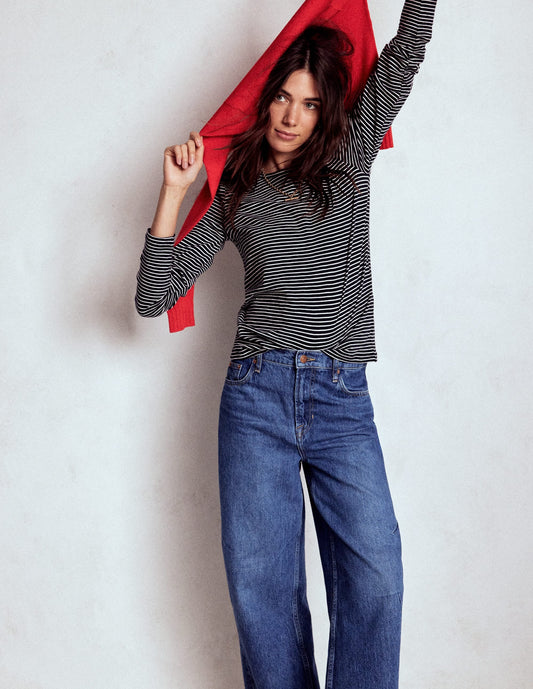 Cotton Crew Long Sleeve Top-Navy, Ivory Stripe