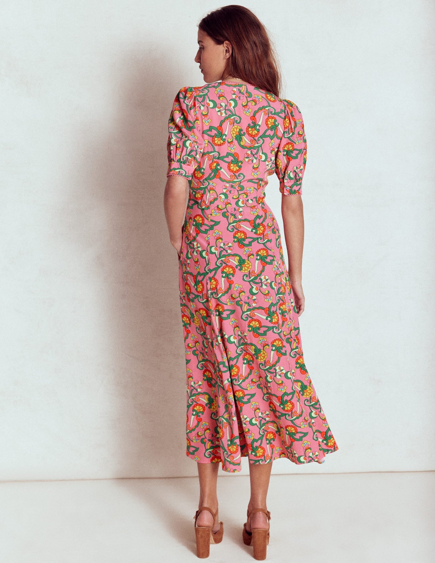 Rosie Godet Tea Dress-Pink Rose, Foliage Trail