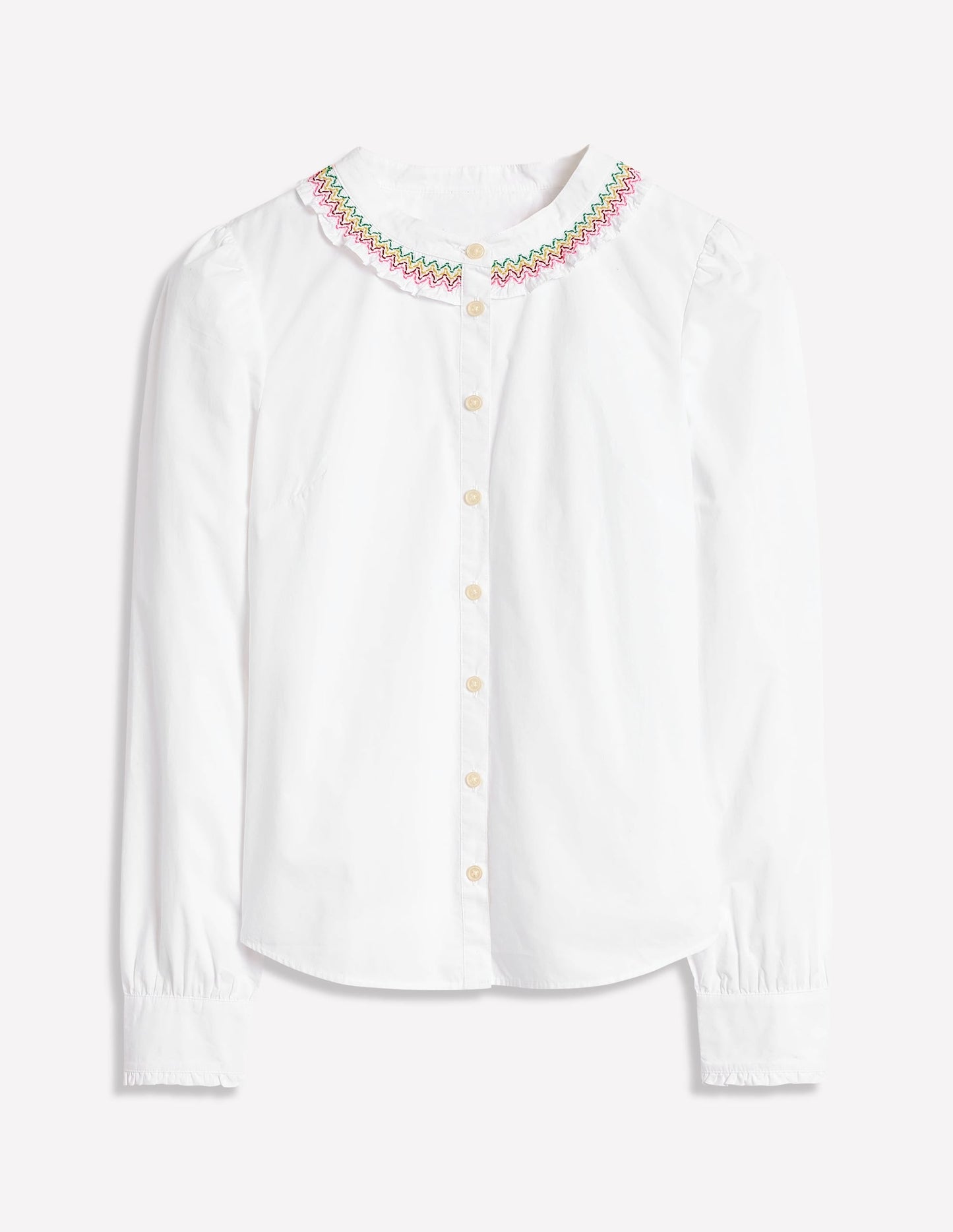 Smocked Neck Shirt-White, Multi Stitching
