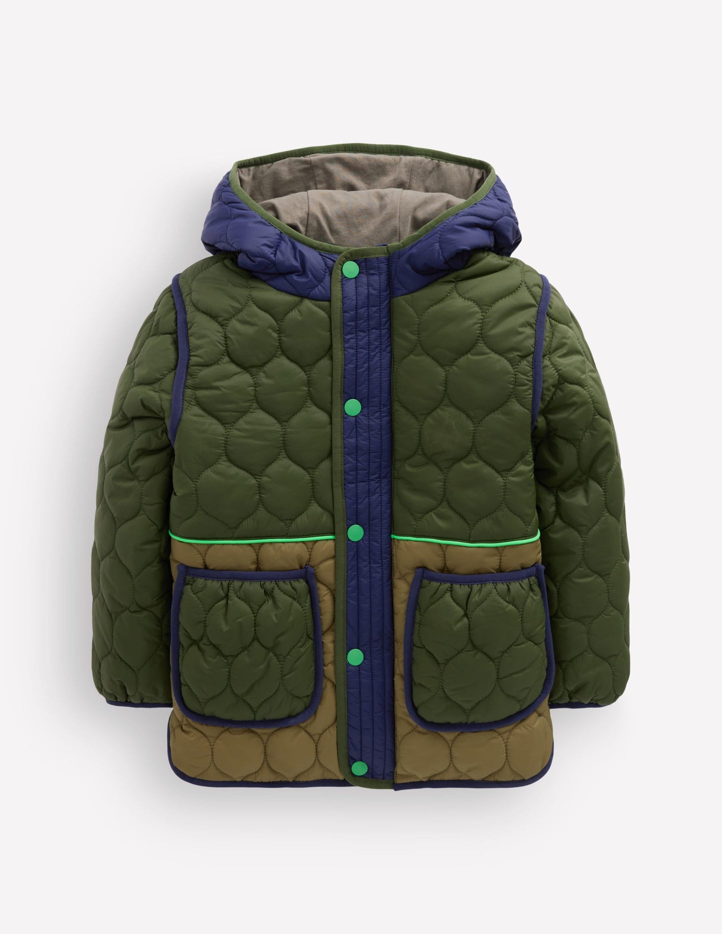 Quilted Coat-Khaki Colourblock