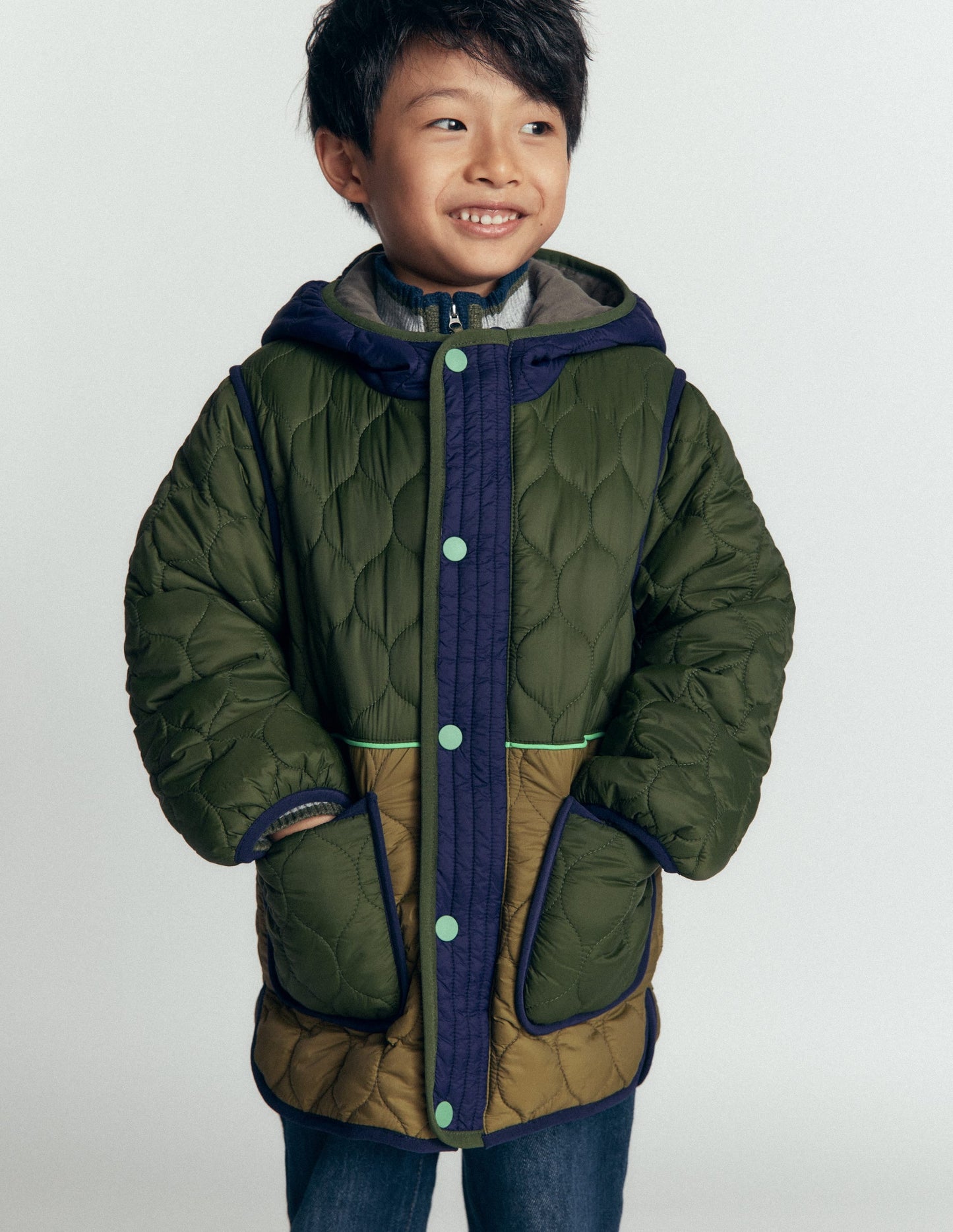 Quilted Coat-Khaki Colourblock