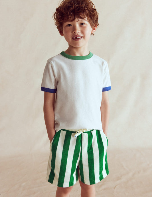 Towelling Shorts-Green and Ivory Stripe