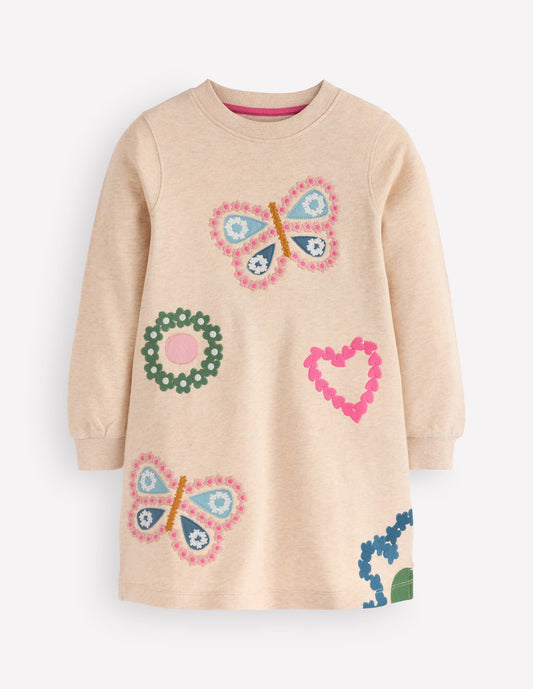 Ida Sweatshirt Appliqué Dress-Oatmeal Butterlies
