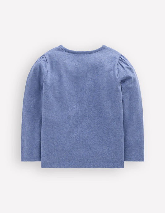 Puff Sleeve Appliqué  T-shirt-Blue Marl Patchwork Heart