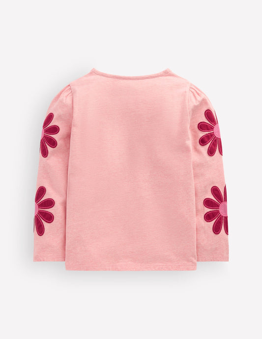 Puff Sleeve Appliqué  T-shirt-Pink Marl Flowers