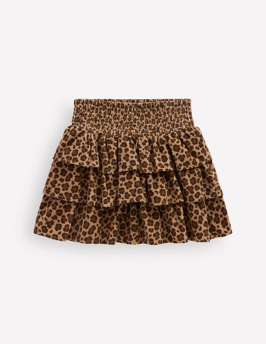 Smocked Waist Ruffle Skirt-Brown Leopard Cord