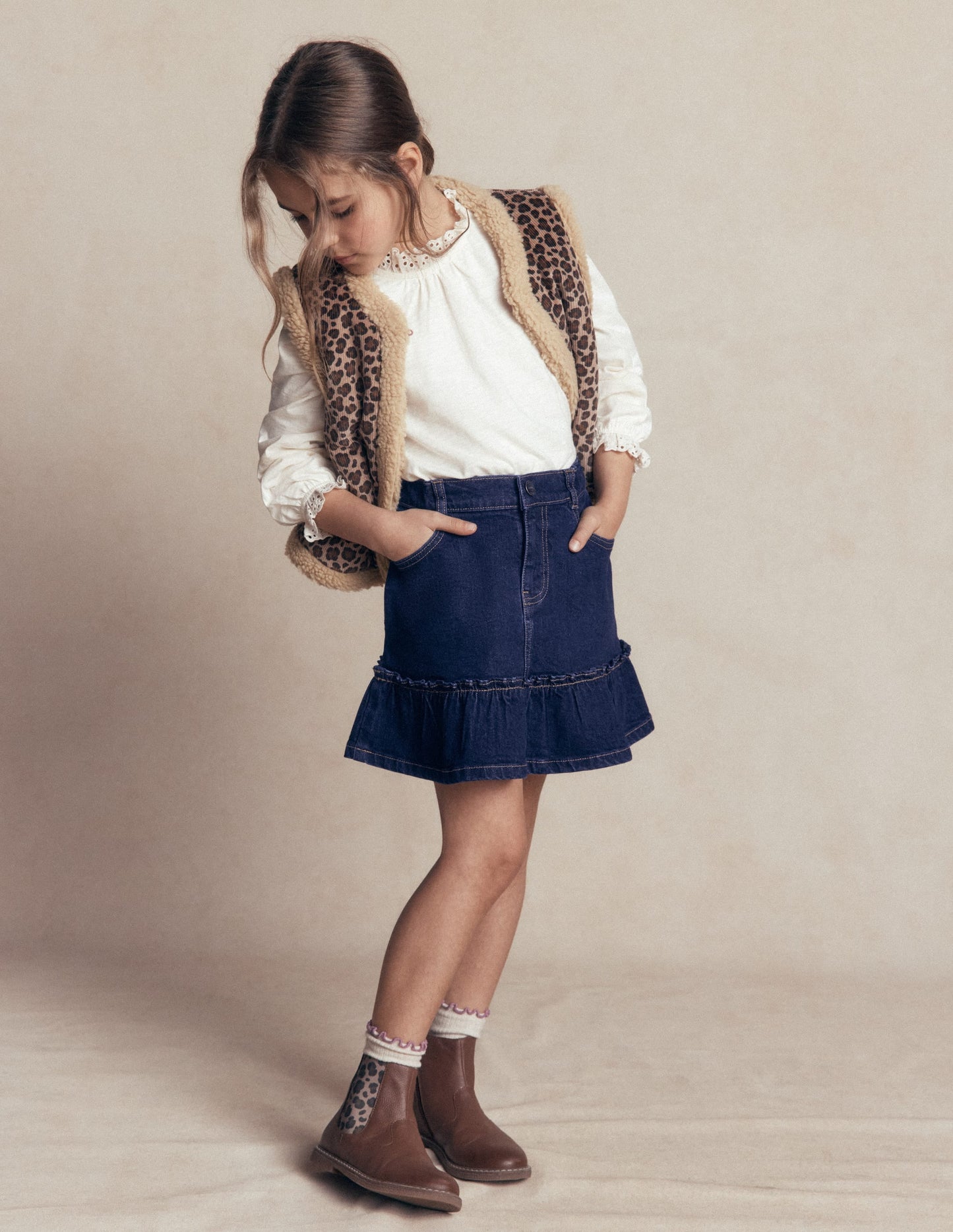 Frill Hem Denim Skirt-Dark Wash