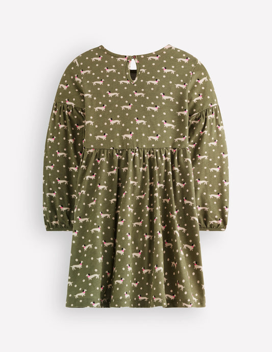 Madeline Blouson Sleeve Dress-Green Sausage Dog