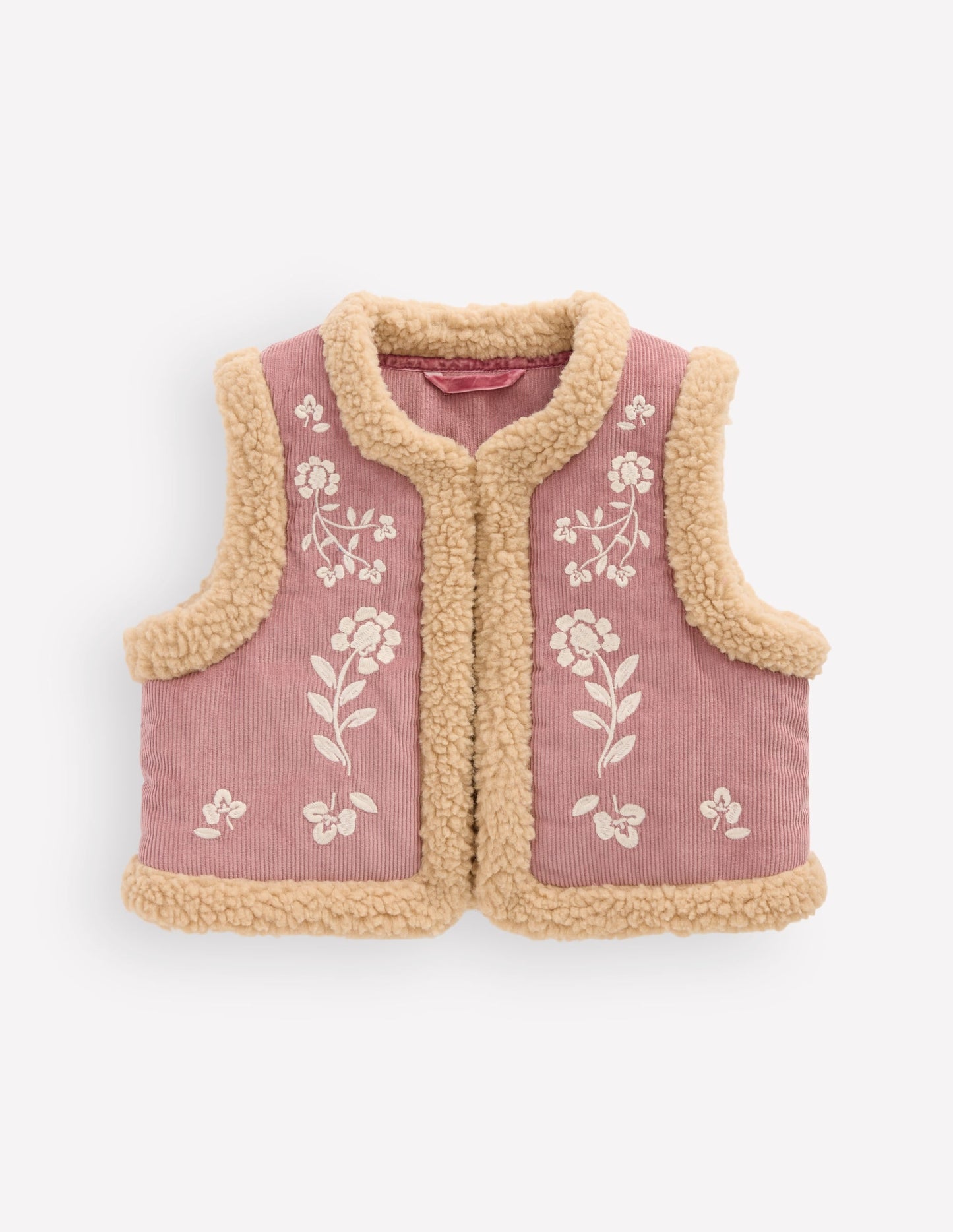 Borg Trim Gilet-Pink Floral Embroidery