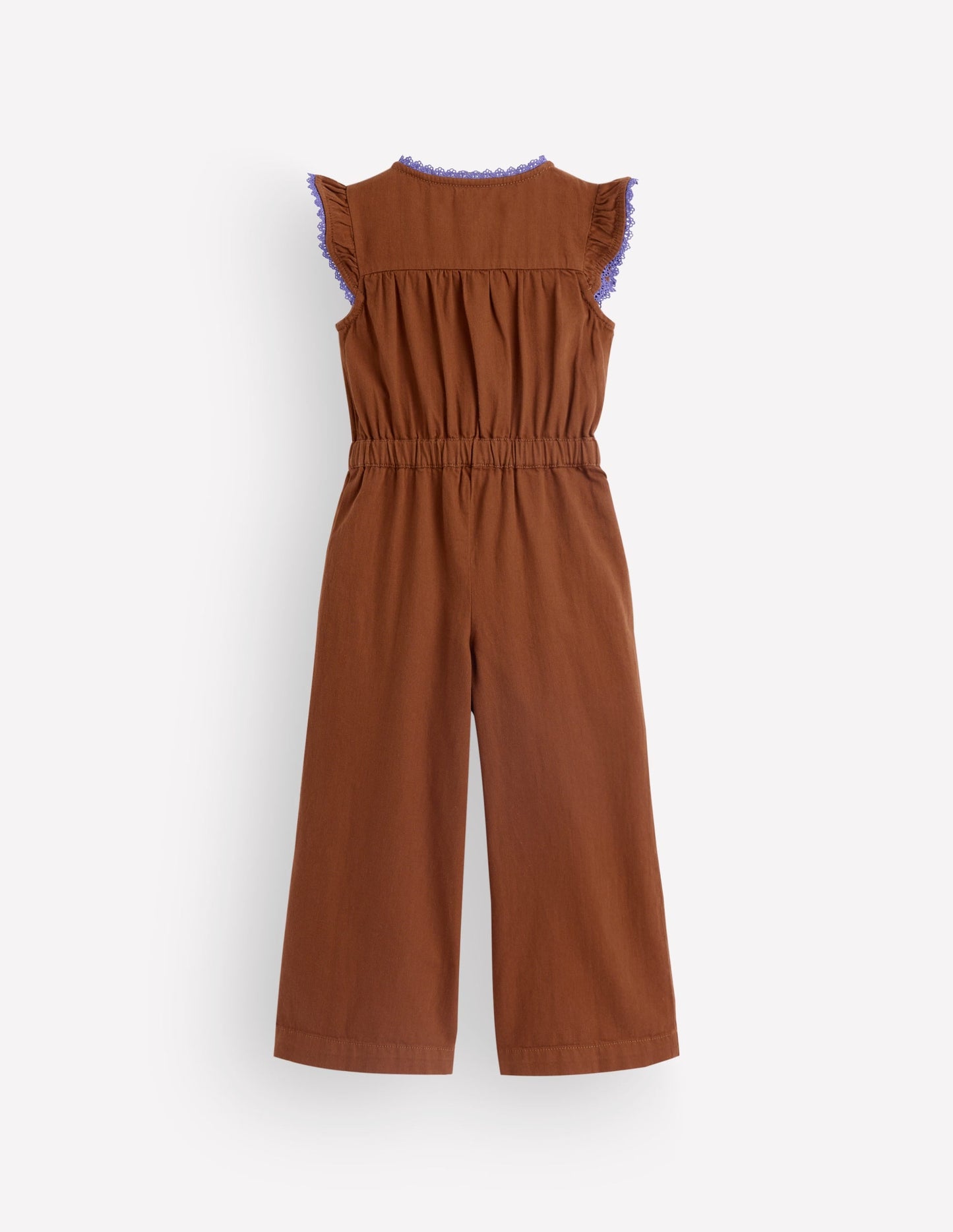 Flutter Sleeve Denim Jumpsuit-Brown Embroidery