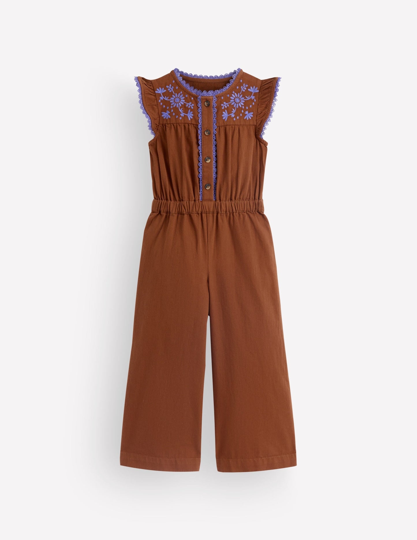 Flutter Sleeve Denim Jumpsuit-Brown Embroidery