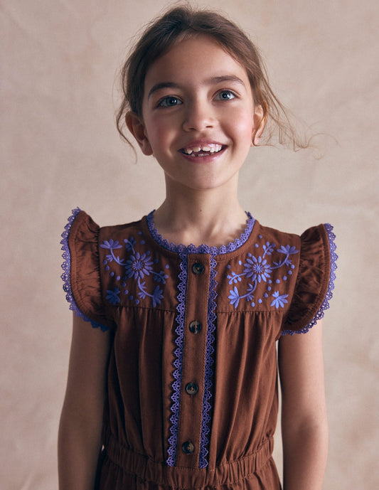 Flutter Sleeve Denim Jumpsuit-Brown Embroidery