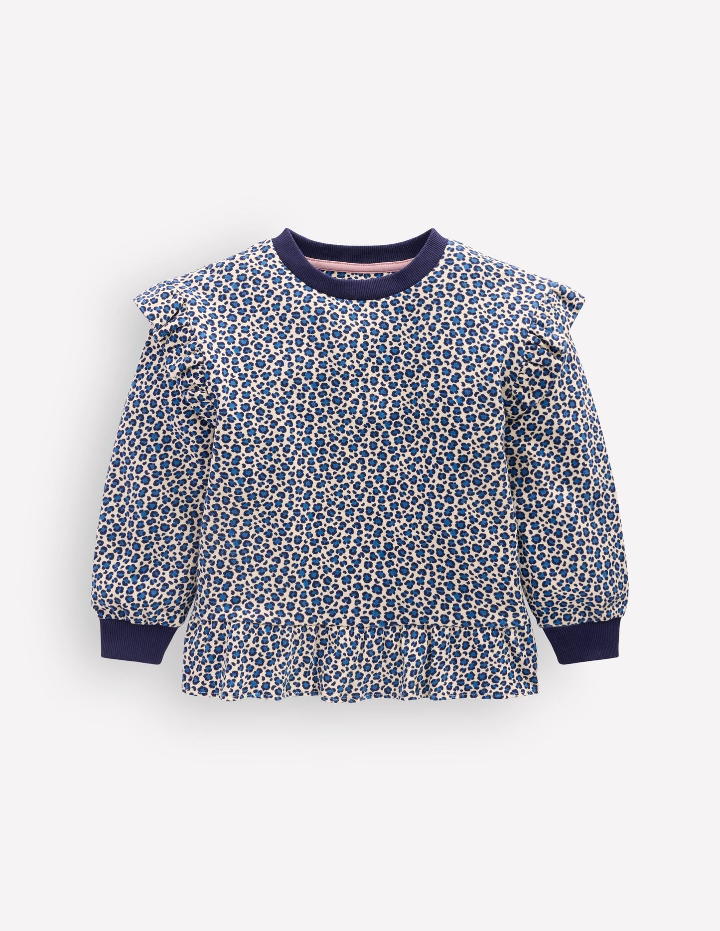 Pretty Frill Sweatshirt-Calico White/ Blue Leopard