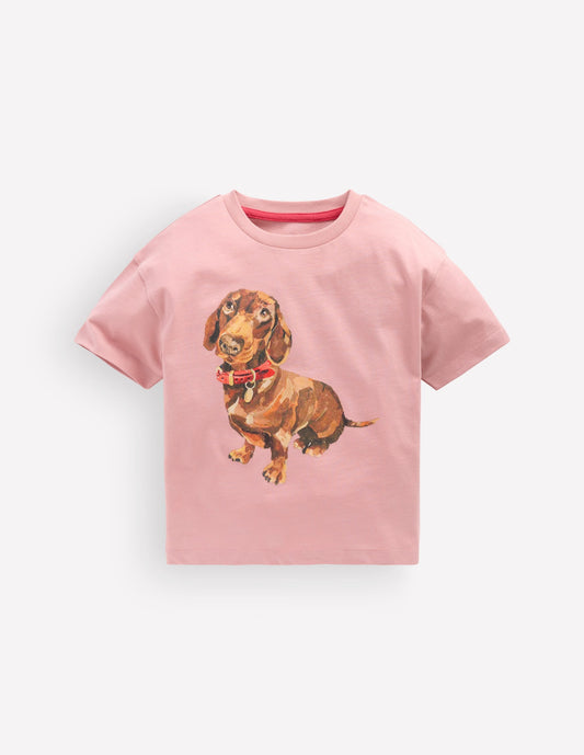 Short Sleeve Printed T-shirt-Pink Sausage Dog
