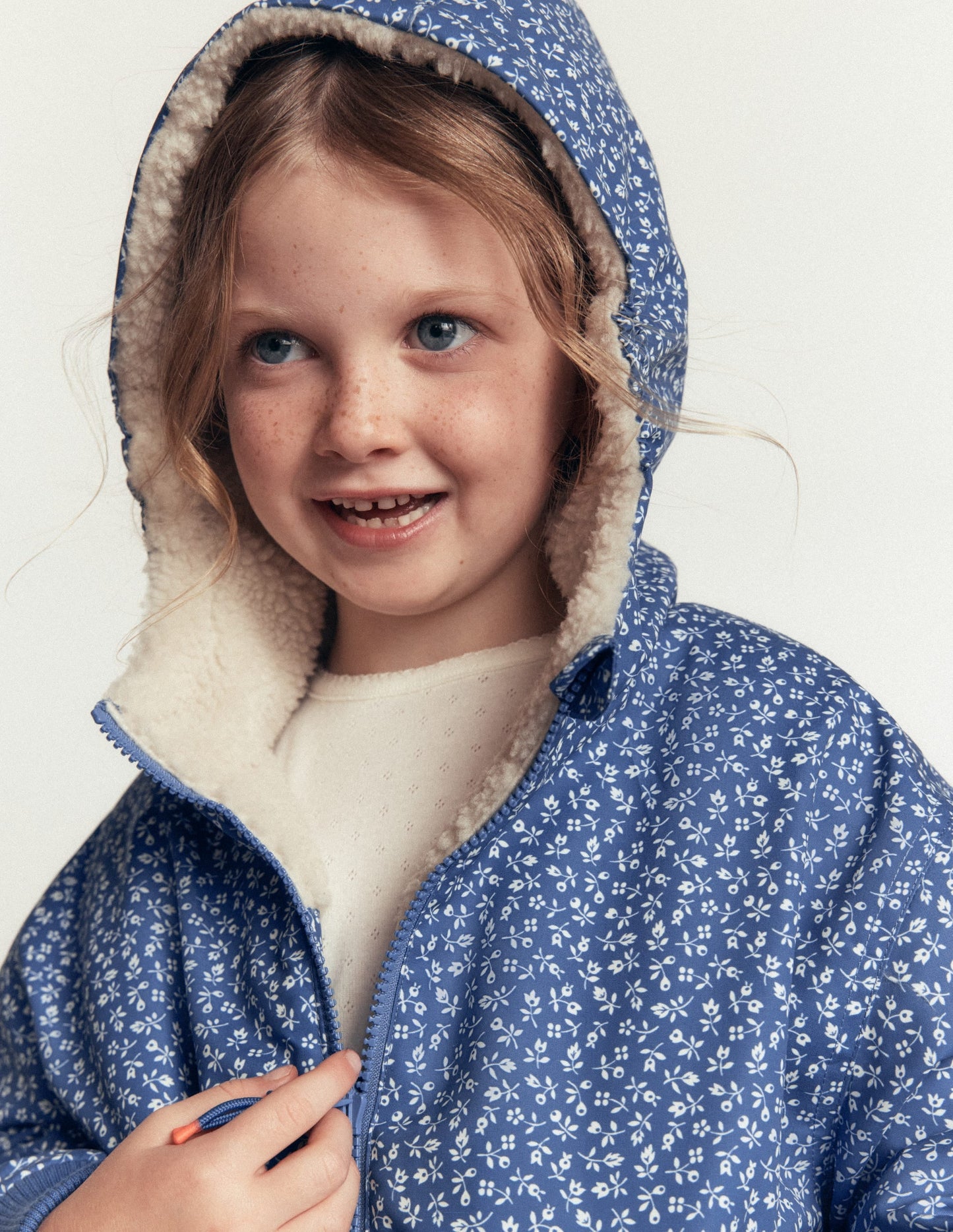 Reversible Borg Hooded Bomber-Bluejay Ditsy Floral