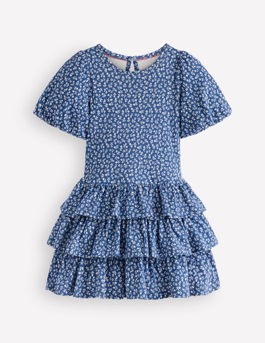 Ruffle Skirt Jersey Dress-Bluejay Ditsy Floral