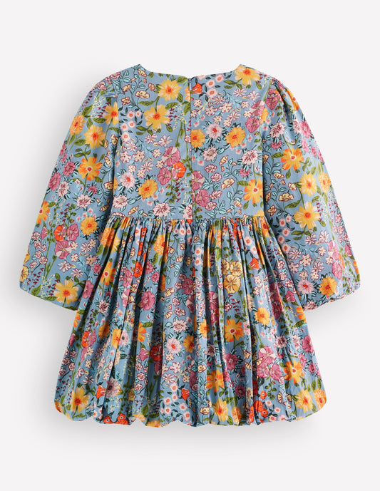 Long Sleeve Bubble Hem Dress-Blue Multi Floral