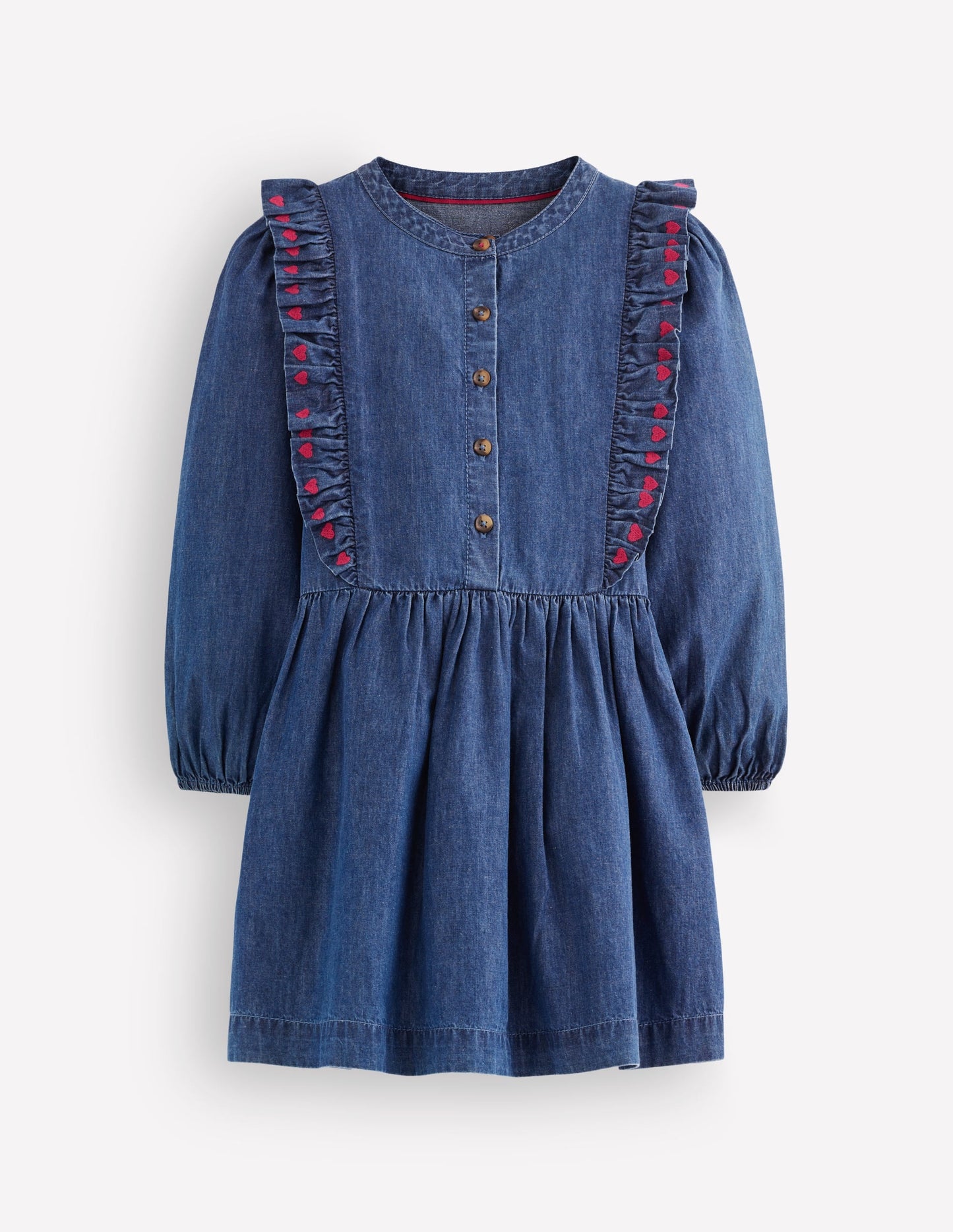 Winnie Frill Trim Shirt Dress-Denim Heart Embroidery
