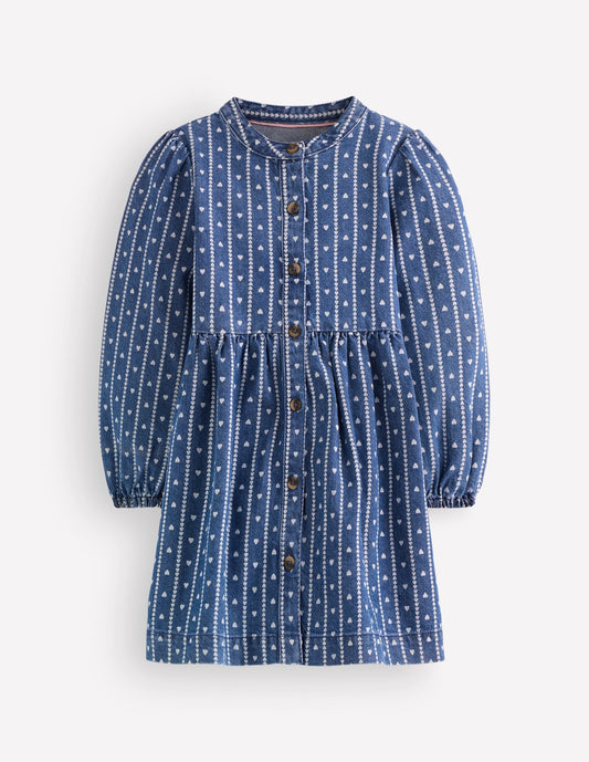 Betsy Woven Puff Sleeve Dress-Denim Tiny Hearts